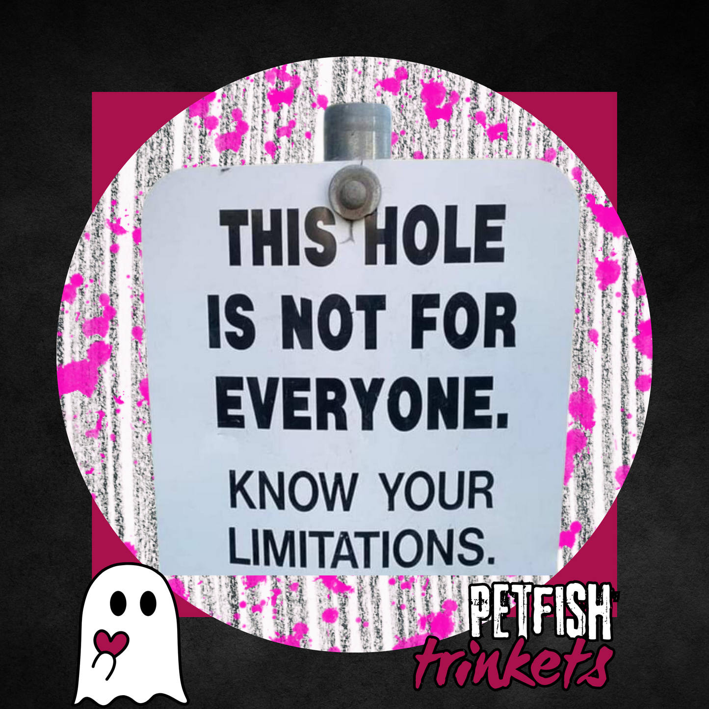 A trinket of a meme that reads, "This hole is not for everyone, know your limitations"